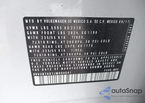 2018 Volkswagen Tiguan 2.0T Se/2.0T Sel z USA, uszkodzony, nr VIN 3VV2B7AX1JM009541